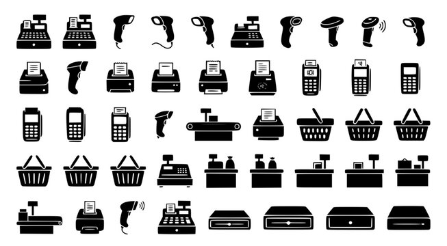 Point of sale and retail checkout equipment icon set featuring cash registers barcode scanners payment terminals and shopping baskets for modern store management and e-commerce business systems