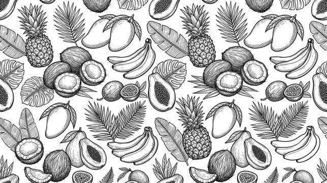 Tropical fruit pattern seamless background pineapple coconut banana mango avocado palm leaves black white illustration