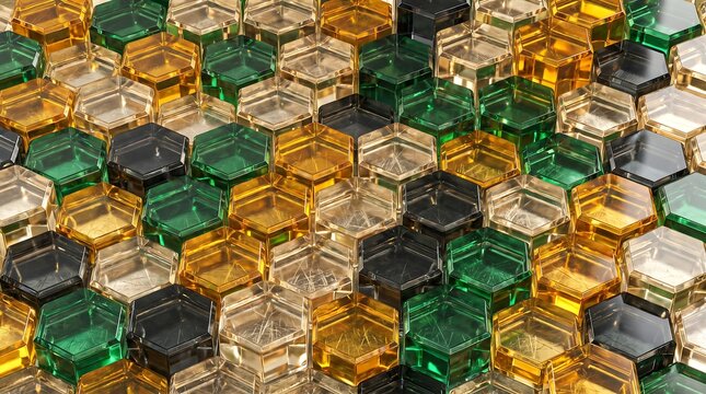 Close-up of Colorful Translucent Hexagonal Plastic Pieces Arranged in a Honeycomb Pattern Texture