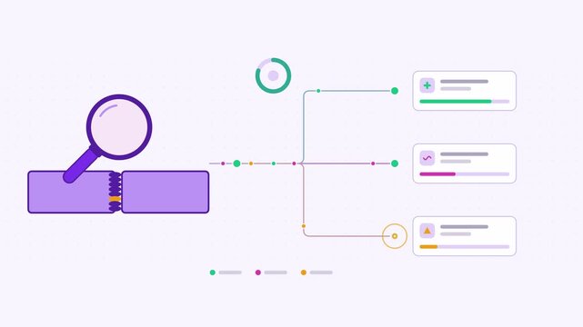 Animated weld inspection ai defect visualised as a split flow in a modern flat vector style. Smooth looping 4K motion graphic with soft purple and violet colours, floating interface cards and flowing 
