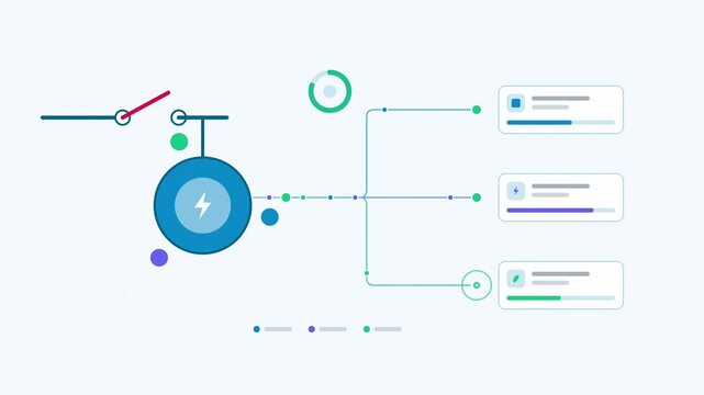 Seamless 4K looping animation showing a microgrid island mode grid presented as a split flow. Flat vector icons, UI cards and animated connector lines move across a clean light background in teal and 