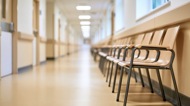 Empty hospital corridor with rows of waiting chairs