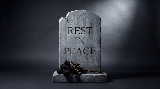Stone tombstone with rest in peace inscription and dried roses