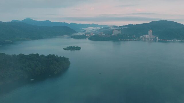 Aerial drone footage over the sun moon lake at morning in Taiwan
