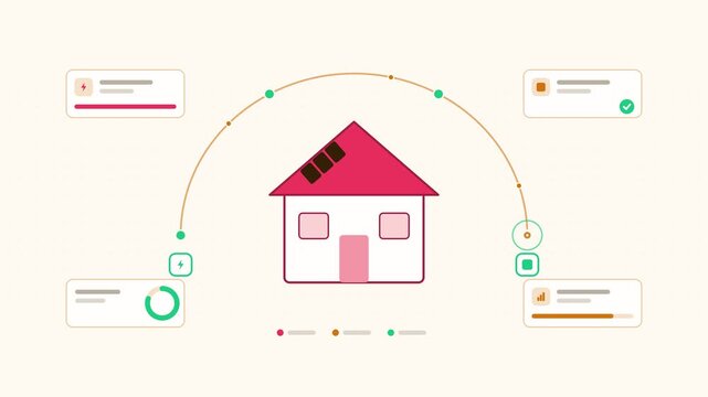 Animated energy community trading peer visualised as a two way exchange in a modern flat vector style. Smooth looping 4K motion graphic with soft warm red and coral colours, floating interface cards a