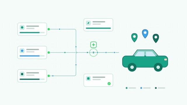 Seamless 4K looping animation showing a carpooling program riders converging trip presented as a converging flow. Flat vector icons, UI cards and animated connector lines move across a clean light bac