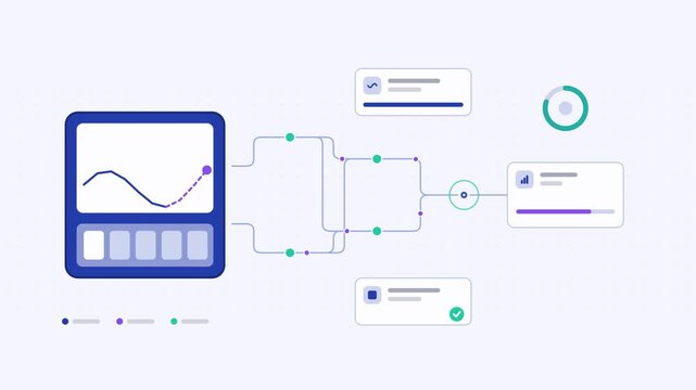 Seamless 4K looping animation showing a energy load forecasting model presented as a node network. Flat vector icons, UI cards and animated connector lines move across a clean light background in blue