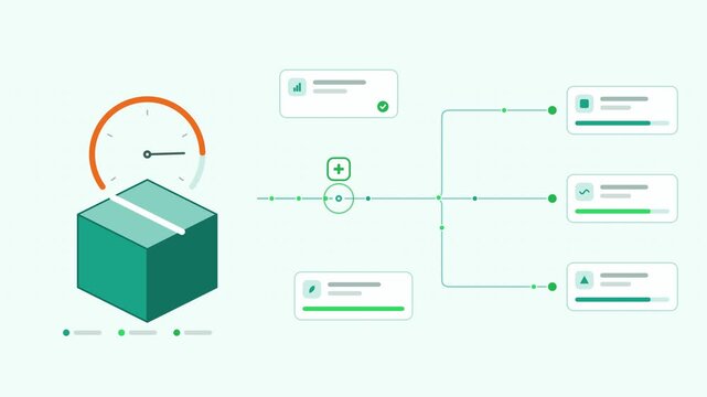Seamless 4K looping animation showing a logistics emissions accounting source totals presented as a process flow. Flat vector icons, UI cards and animated connector lines move across a clean light bac