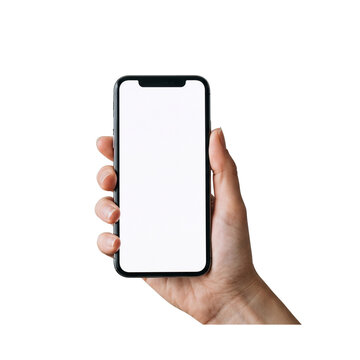A hand holding a modern smartphone with a blank white screen against a white background mobile device cell phone tech mockup smart device digital technology web design app development