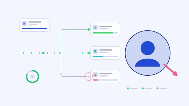 Animated churn prediction retain leave visualised as a split flow in a modern flat vector style. Smooth looping 4K motion graphic with soft blue and azure colours, floating interface cards and flowing