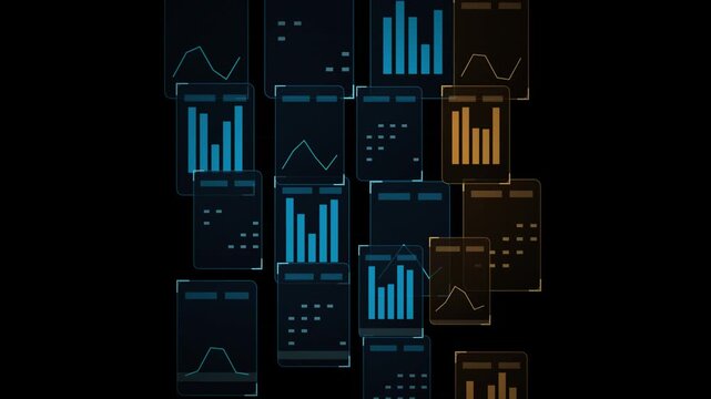 Futuristic financial data panels and glowing market charts assembling in a dark digital interface