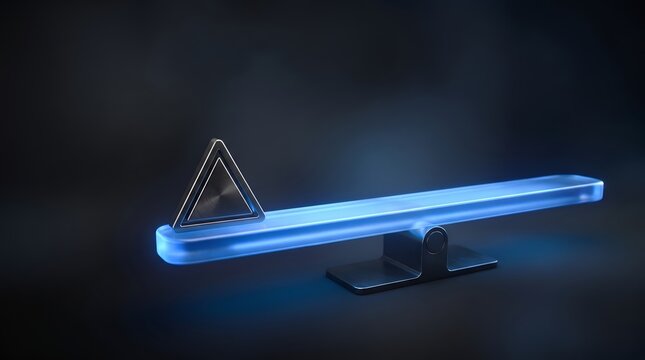 Silver triangle balancing precariously on the very edge of a glowing blue glass lever on a dark background illustrating risk and extreme leverage