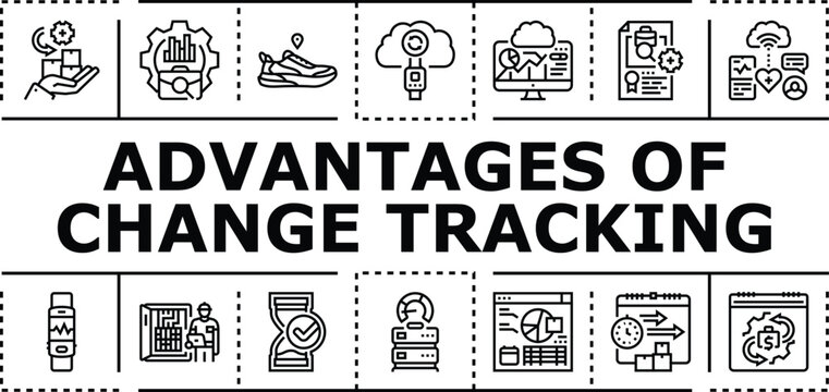 Advantages of change tracking banner infographic. Compliance integrity, traceability versioning, accountability monitoring icon vector illustration