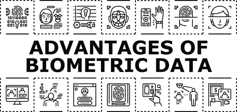 Advantages of biometric data banner infographic. Security safety, protection reliability, uniqueness accuracy icon vector illustration