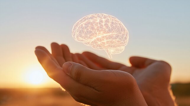 Human hands cradling glowing wireframe brain at sunset