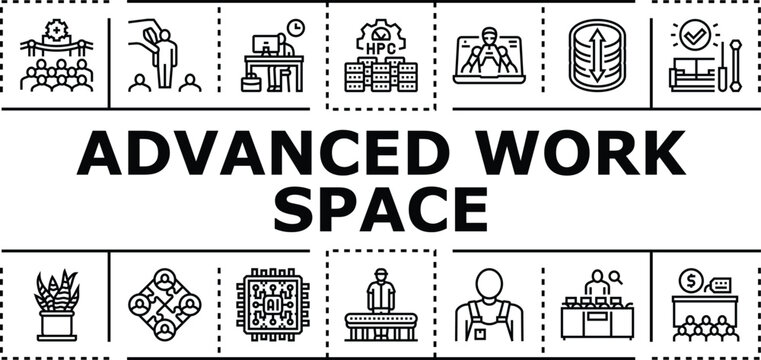 Advanced work space banner infographic. Office meeting, technology organization, desk planning icon vector illustration