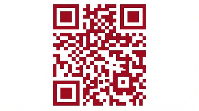 Red qr code graphic with a square matrix pattern isolated on a solid white background surface with technology