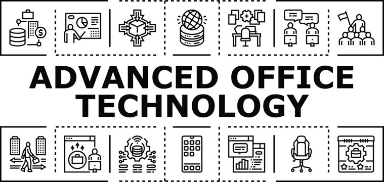Advanced office technology banner infographic. Innovation collaboration, integration productivity, virtualization automation icon vector illustration