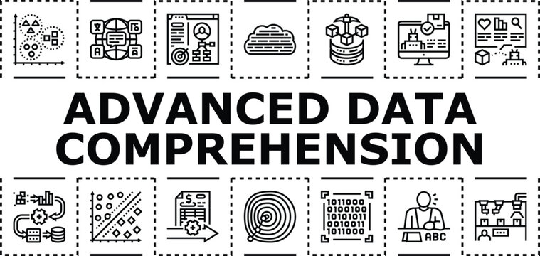 Advanced data comprehension banner infographic. Statistics insight, patterns cognition, evaluation clustering icon vector illustration