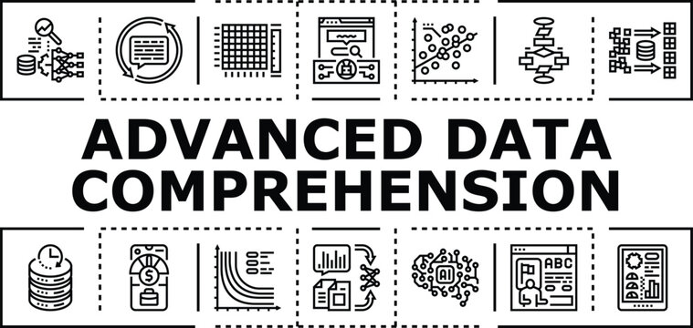 Advanced data comprehension banner infographic. Insight abstraction, modeling correlation, clustering ontology icon vector illustration