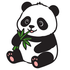 Cute cute giant panda bear sitting and eating fresh bamboo leaves in a friendly cartoon vector illustration style © widsarud
