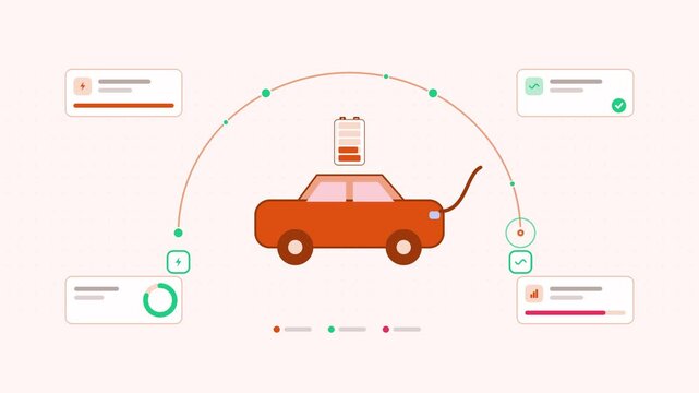 Seamless 4K looping animation showing a vehicle to grid bidirectional presented as a process flow. Flat vector icons, UI cards and animated connector lines move across a clean light background in warm