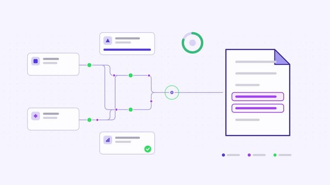 Seamless 4K looping animation showing a contract clause extraction parsing presented as a node network. Flat vector icons, UI cards and animated connector lines move across a clean light background in