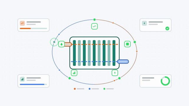 Animated industrial heat recovery visualised as a two way exchange in a modern flat vector style. Smooth looping 4K motion graphic with soft teal and turquoise colours, floating interface cards and fl
