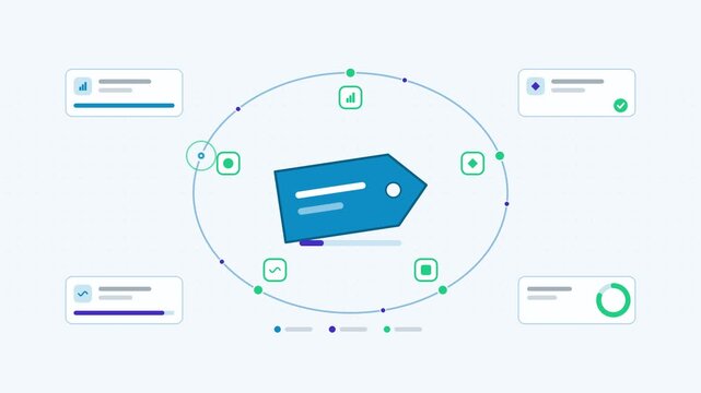 Seamless 4K looping animation showing a dynamic pricing engine price presented as a loop cycle. Flat vector icons, UI cards and animated connector lines move across a clean light background in teal an