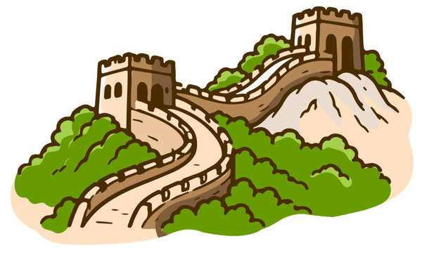 The Great Wall of China winding through green mountains and watchtowers in a cartoon vector illustration style