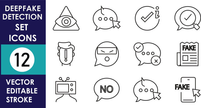 Collection of twelve deepfake detection vector icons featuring fake documents, AI faces, verification marks, warning symbols, digital media security and editable stroke designs set.