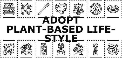 Fototapeta premium Adopt plant-based lifestyle banner infographic. Balance greens, tofu wellness, environment health icon vector illustration