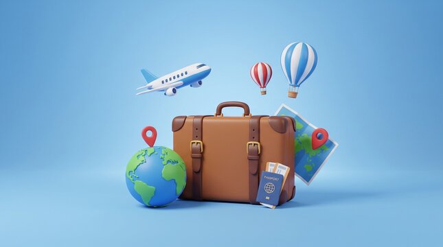 Brown suitcase with globe map passport airplane and hot air balloons on a light blue background with vacation