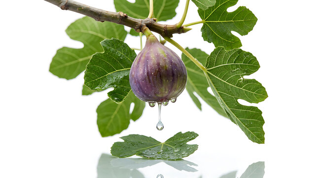 Fresh purple fig fruit hanging on branch with green leaves, dripping water drop on ripe fig, isolated on white background