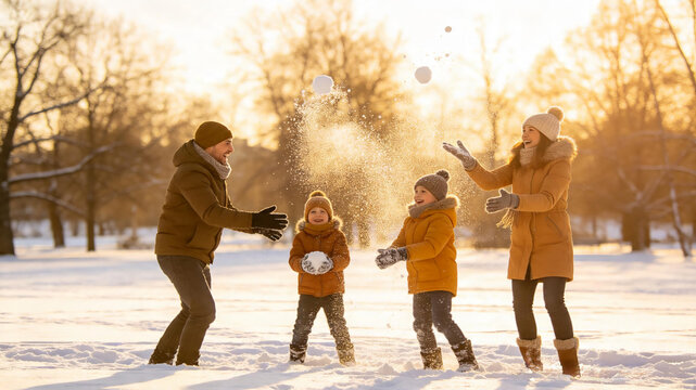 Happy family with two children throwing snowballs in a snowy winter park during sunset for seasonal holiday concept