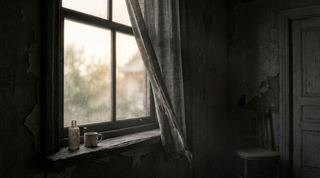 Blurred window pane letting soft morning daylight illuminate moody dark room interior for solitary concept