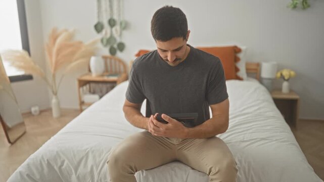 Man sits on bed holding a framed photo with forearms crossed to chest wearing gray tshirt and beige pants in building lit by sunlight; quiet grief remembrance.
