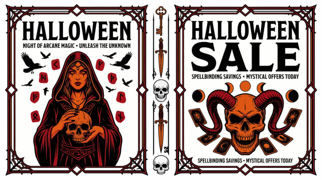 Mystical figure holding skull during halloween sale celebration with occult symbols with amid halloween