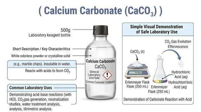 Calcium carbonate CaCO3 educational chemistry diagram showing reagent bottle, white solid, natural sources, decomposition notes, and acid reaction demonstration releasing carbon dioxide gas.