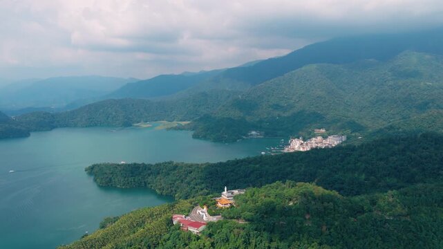 Aerial view of Xuanzang Temple and surrounding landscape at Sun Moon Lake in Taiwan