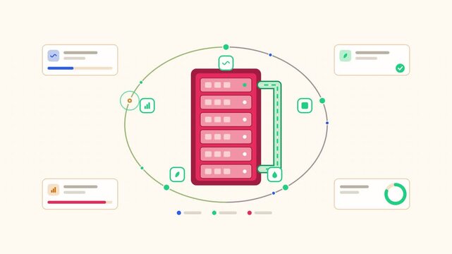 Animated green data center cooling visualised as a loop cycle in a modern flat vector style. Smooth looping 4K motion graphic with soft warm red and coral colours, floating interface cards and flowing
