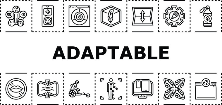 Adaptable banner infographic. Mobile modifiable, accommodating configurable, elastic adjustable icon vector illustration