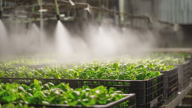 Fresh green seedlings in a misty greenhouse.