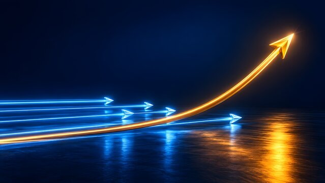 Golden glowing arrow rising upward leading blue arrows representing business growth competitive advantage and financial success