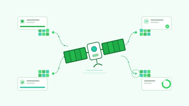 Animated satellite earth observation imaging swaths visualised as a process flow in a modern flat vector style. Smooth looping 4K motion graphic with soft fresh green colours, floating interface cards