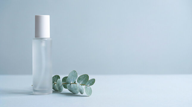 Frosted Facial Mist Bottle with Eucalyptus on Blue Gray Background