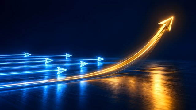 Strategic business leadership concept with ascending gold arrow outperforming others in financial market growth