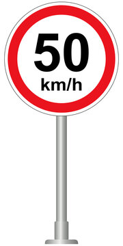 Vector illustration of a 50 km/h speed limit traffic sign on a pole