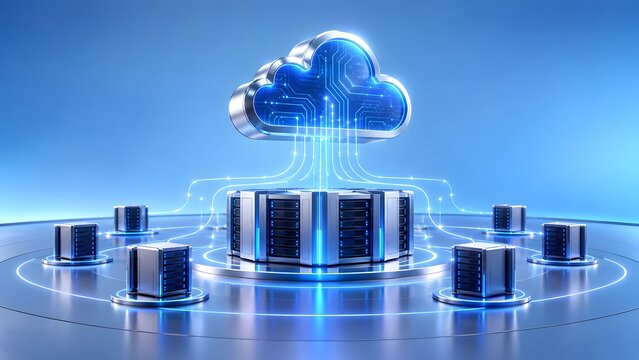 Conceptual cloud computing technology with server racks and blue glowing digital data network connection, symbolizing big data storage and global online infrastructure service for enterprise.