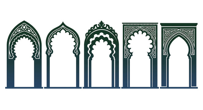 Set of elegant Islamic architectural arches with traditional Moorish geometric patterns